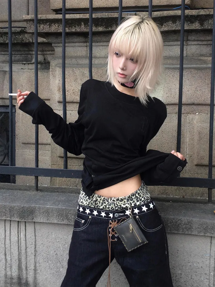 Women's Black T-shirt Harajuku Korean Y2k Tee Top 2000s 90s Aesthetic Fashion Vintage Long Sleeves T-shirt Autumn 2026 Clothes