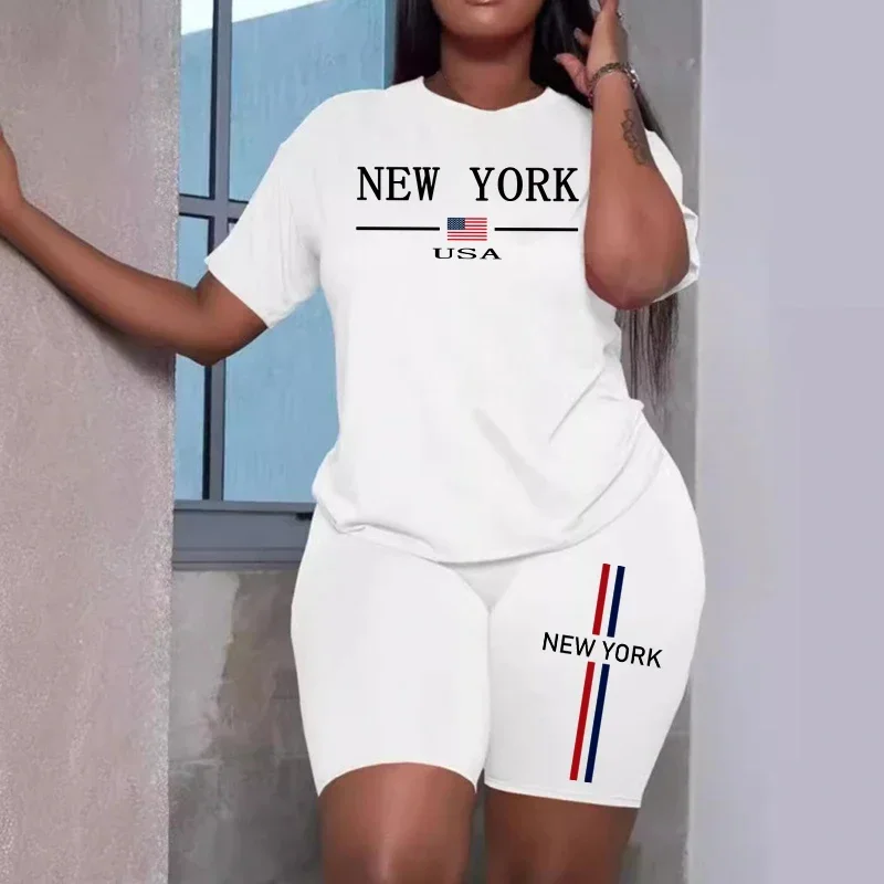 2026 Brand New Tracksuit Women 2pcs Set Round Neck T-shirt Tight Shorts Summer Ladies Fashion Daily Casual Sport Outfits