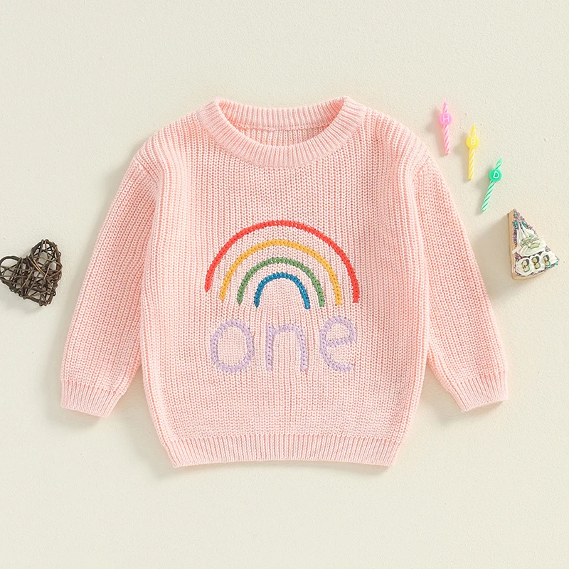 Maglione di compleanno della neonata maglione girocollo a maniche lunghe con ricamo arcobaleno per l'autunno inverno