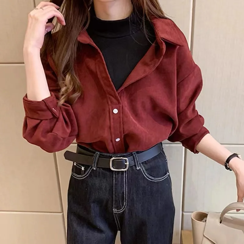 Autumn Shirts Women Fake Two-piece Vintage Fashion Retro Street-wear Patchwork Long Sleeve Loose Office Ladies All-match Blouse