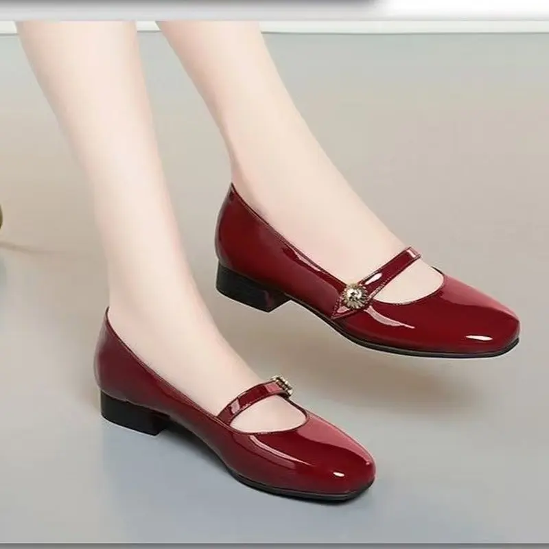 Vintage Mary Jane Shoes for Women Glossy Patent Leather Autumn Square Toe Low Heel Pumps Ladies Strap Dress Shoes Office Shoes - view 4