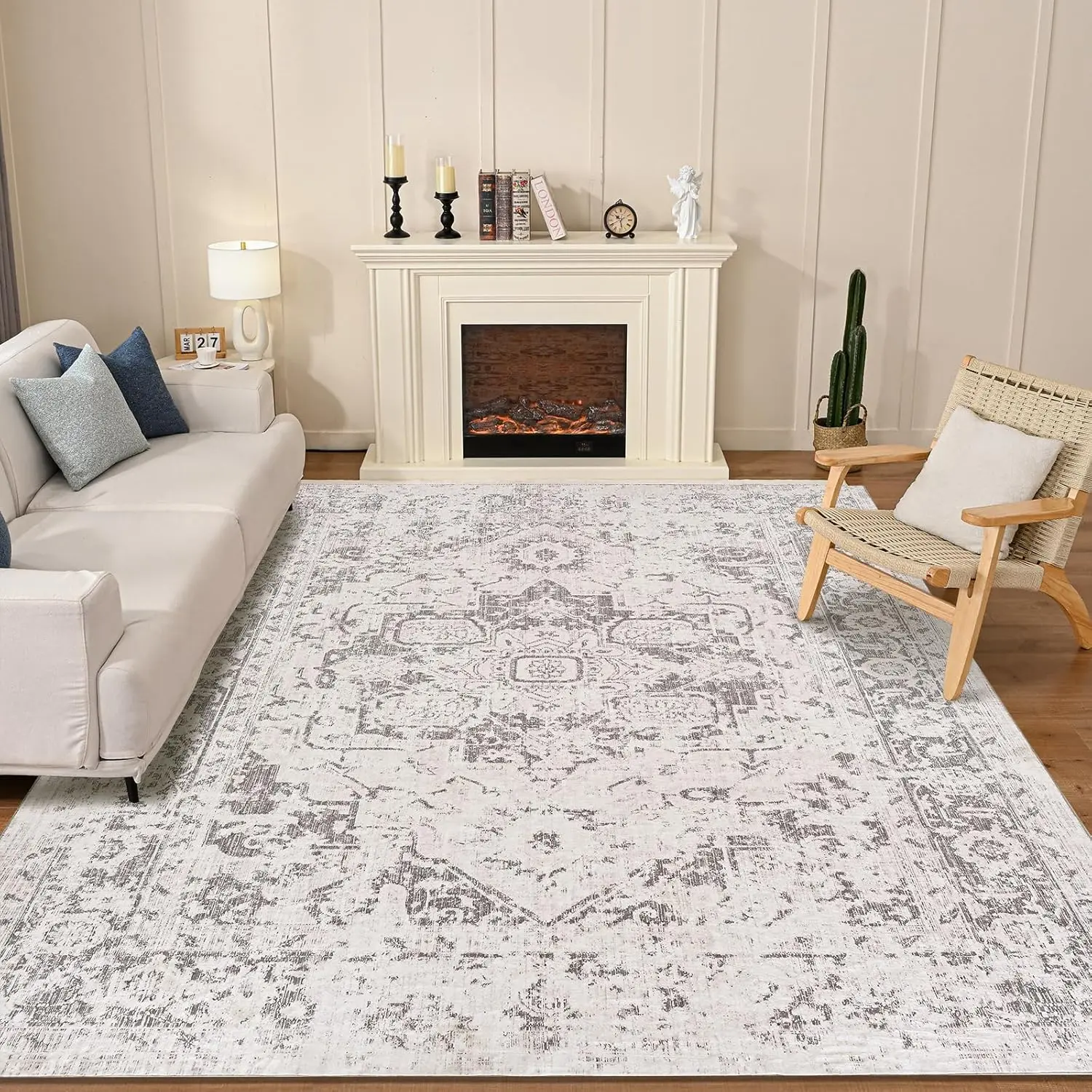 

Area Rug 9X12 For Living Room - Washable Large Vintage Urtla Thin Bedroom Rugs With Non Slip Rubber Backing - Indoor Floor