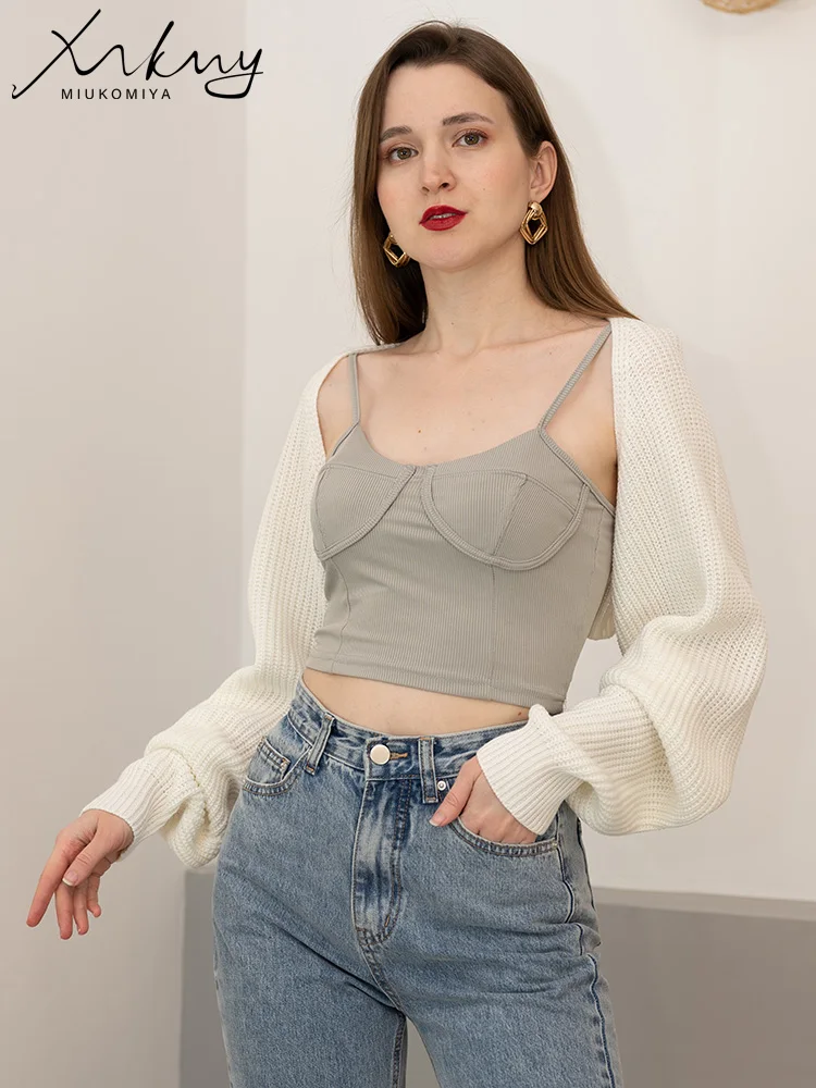 MiuKoMiYa Ultra-Short White Knitwears Cardigan For Women Short Knitted Jackets Loose Sweaters Crop Tops Solid Sexy Cardigans