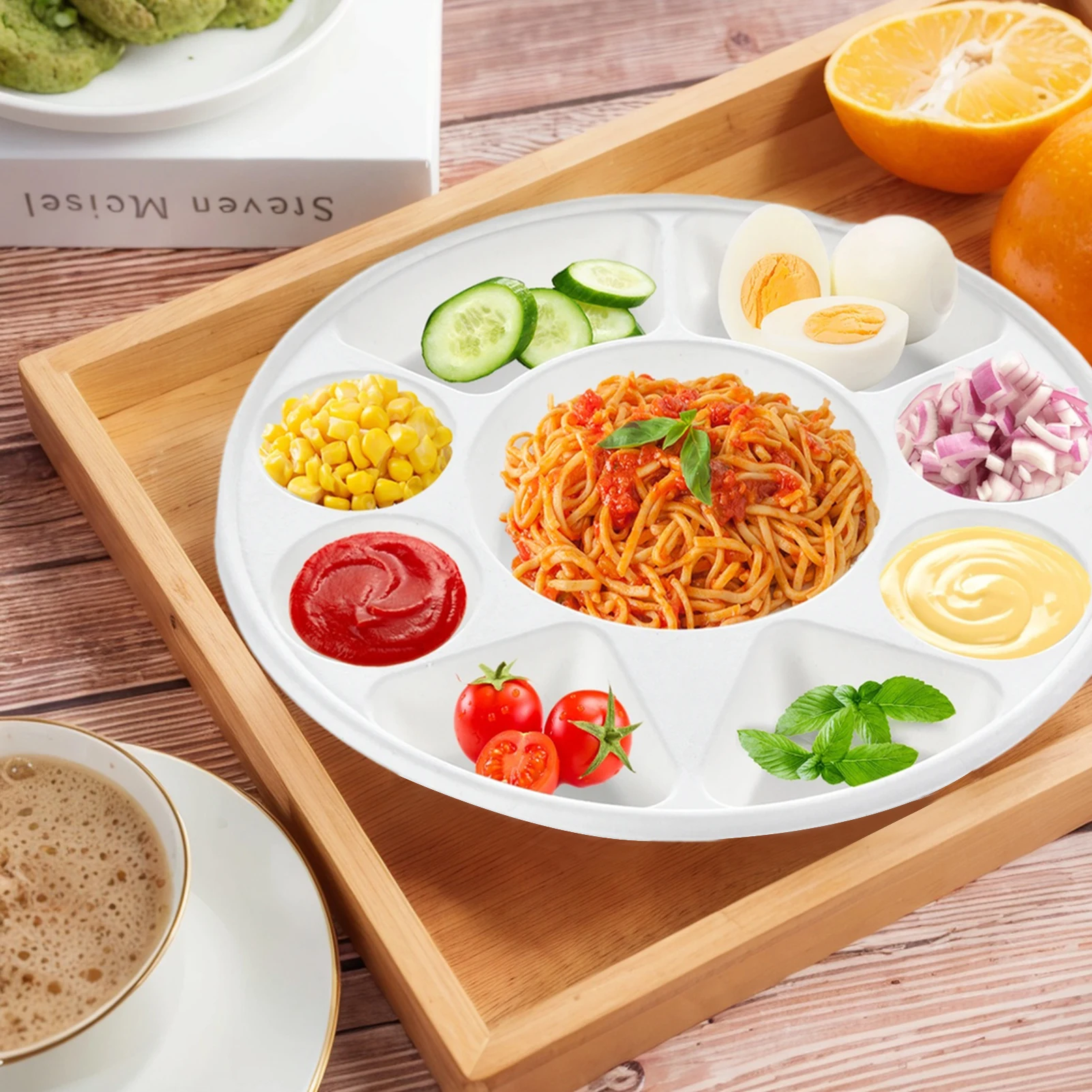 أطباق مقسمة مع 9 أطباق تقديم مستديرة مقصورة، طبق قصب السكر عالي التحمل للمناسبات والعطلات والحفلات