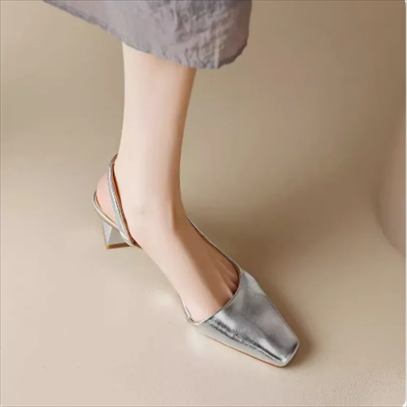 Summer Women Genuine Leather Pumps Square Toe Chunky Mid Heels Concise Ladies Fashion Career Shoes Silver Gold Shoes for Women