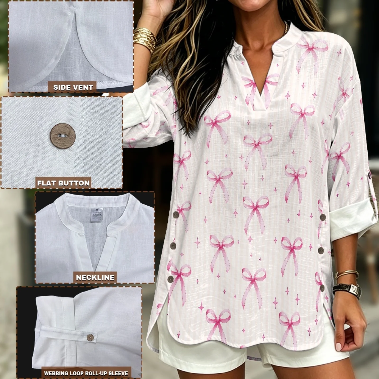 PENSTROLL Pink Bow Tie Stars Linen Like Casual Blouses Roll up Women's Long Sleeve Tops for Workout Sizes S-5XL view 5