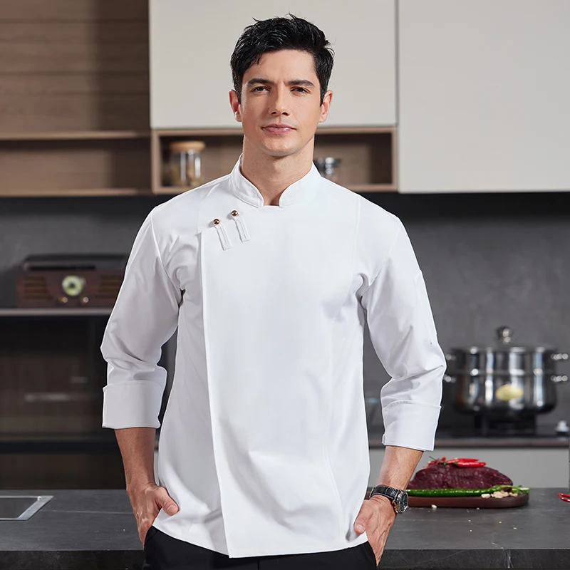 Uniformes de Chef professionnels blancs, veste de cuisine à manches longues pour hommes, manteau de cuisinier, Costume de cuisine de Service alimentaire, hauts de boulanger élastiques