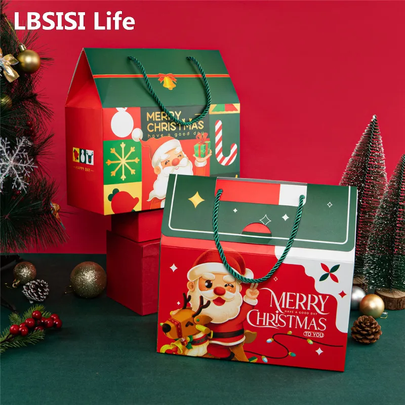 LBSISI Life 12pcs Christmas House Shape Handbag Apple Candy Box Christmas Eve Packaging Xmas New Year Party Gift Decoration