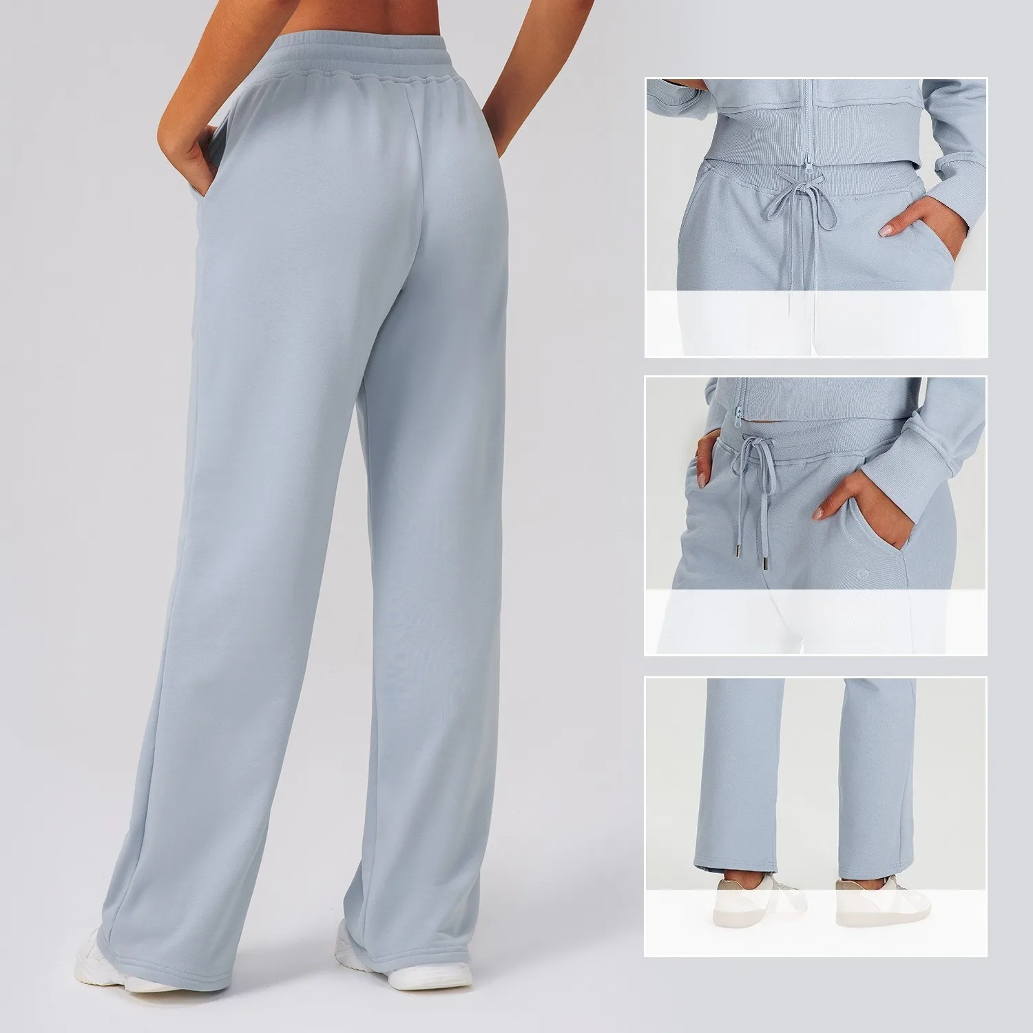 Women High Waist Drawstring Wide Leg Straight Sports Pants Loose Casual Yoga Fitness Running Activewear Trousers