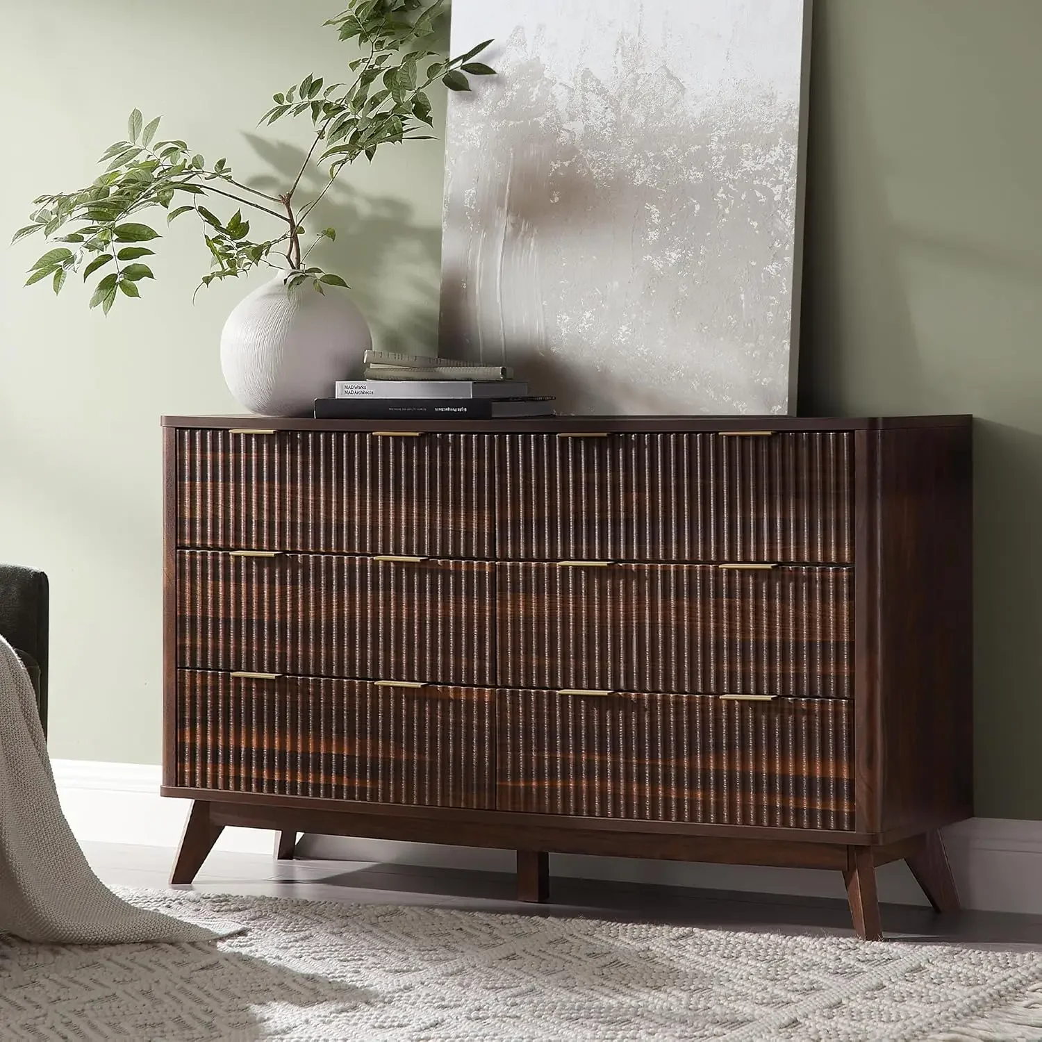 

For Geriffelte Kommode mit 6 Schubladen, 54" breite moderne Kommode, gebogenes Profildesign, Kommode-TV-Ständer, Holz-Schubl