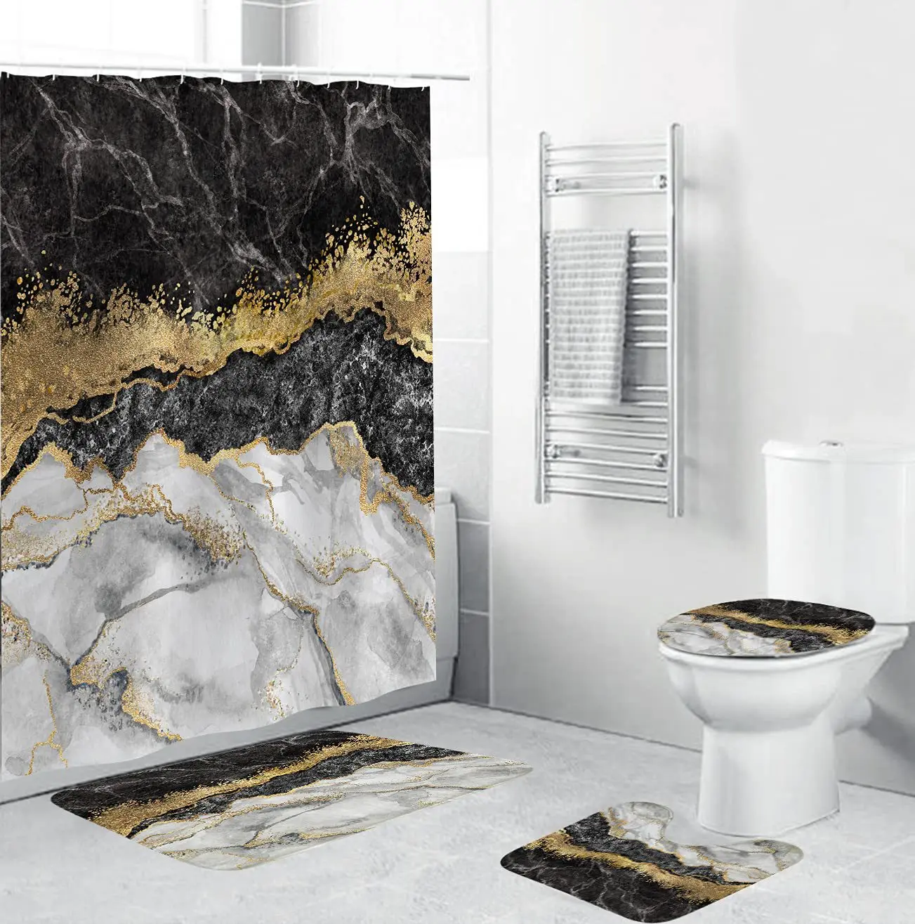 

Abstract Marble Shower Curtain Crack Gold Texture Luxury Stone Grain Bathroom Curtains Toilet Cover and Bath Mat Non-Slip Rug