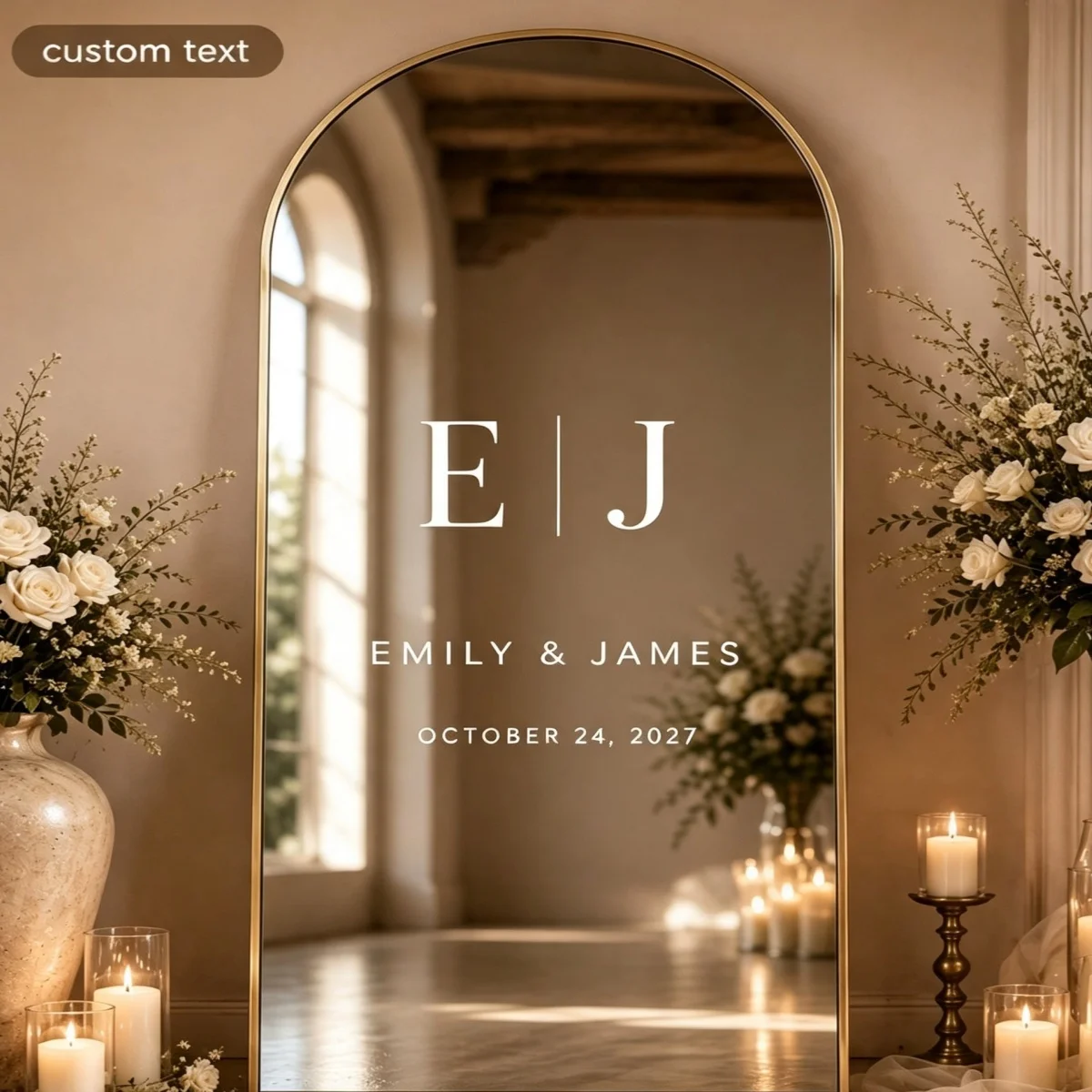 Customizable mirror decals and personalized entrance decorations for weddings, suitable for a variety of settings.