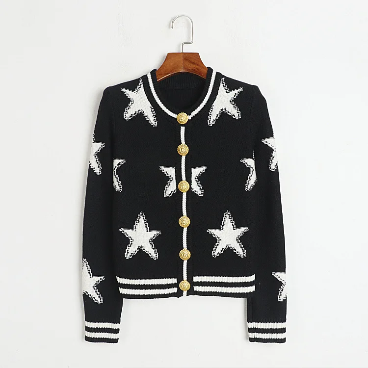 

2025 Autumn/Winter New Black and White Contrast Jacquard Five-Pointed Star Round-Neck Long-Sleeve Knitted Cardigan for Women