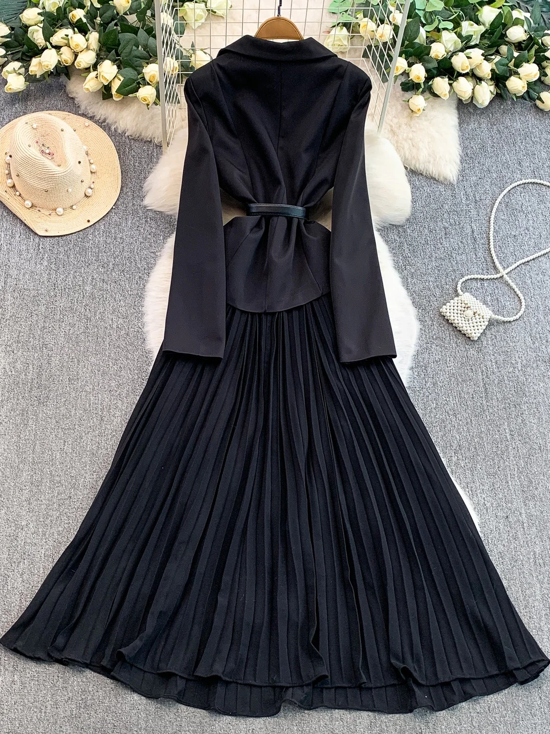 Hebe Sle Vintage Double-Breasted Kraag Dr vrouwen Herfst Winter Belted Afslanken Plaid Lange Rok Ci Pendelen A-lijn