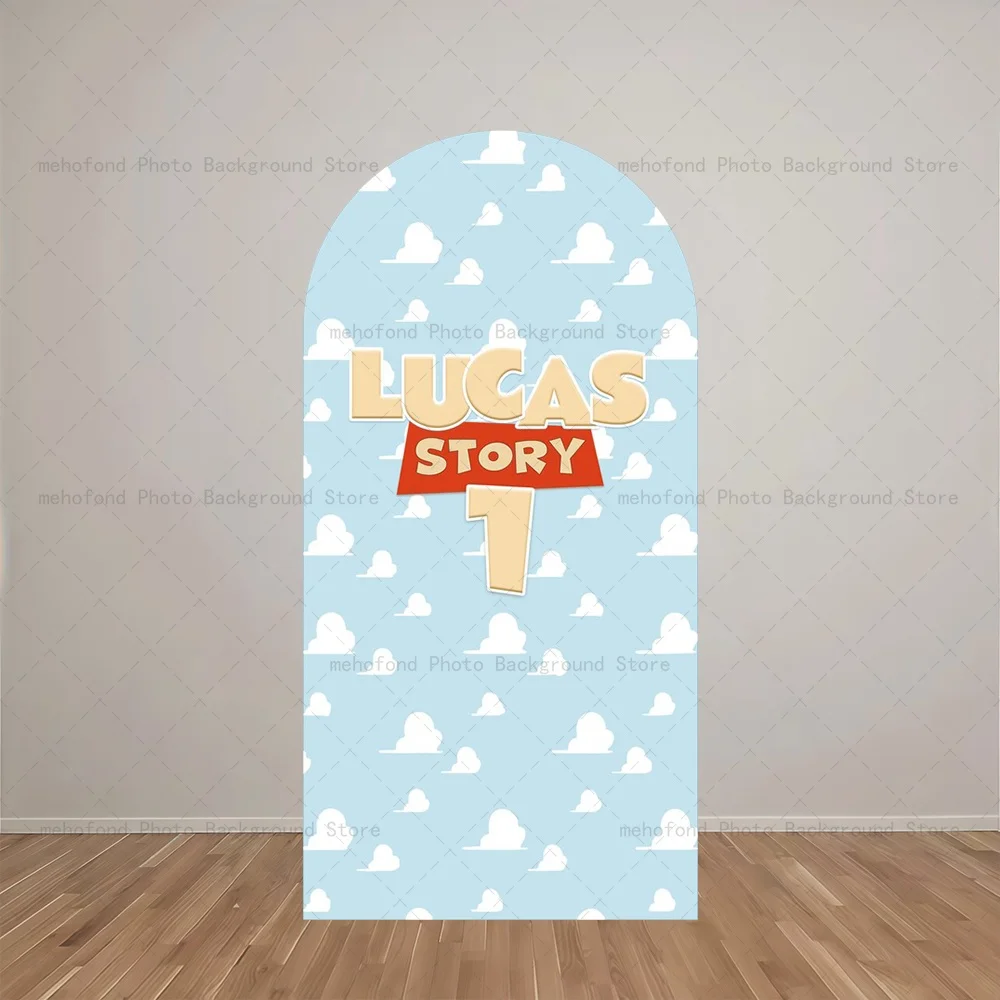 Mehofond Arch Backdrop Customized Name White Cloud Grid Design Kids Baby Birthday Party Decor Studio Photography Background