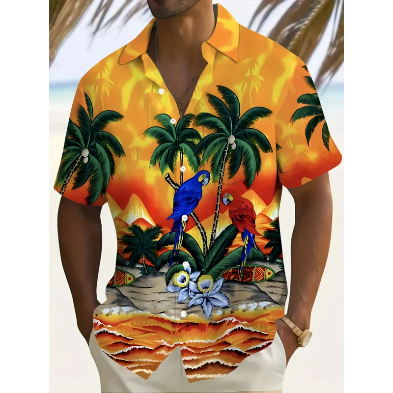 

Men's Tropical Print Short Sleeve Button Shirt - Bright Coconut Tree and Parrot Design，Casual Summer Vacation Clothing，100% Poly