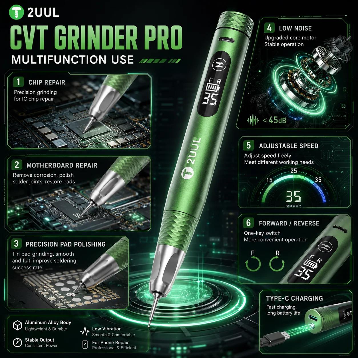 

2UUL DA85 CVT Grinder Pro Polishing Pen Multi-Function Electric Grinder for Phone Repair Screen Polishing Disassembly Tool