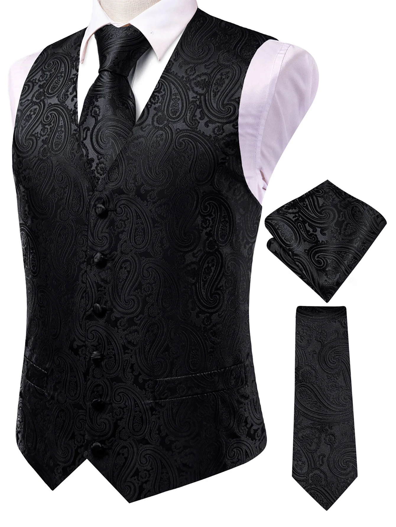 Black Jacquard Vest Tie Pocket Square 3Pcs Set Men Formal Accessory For Wedding Business Party Daily Office Matching Outfit