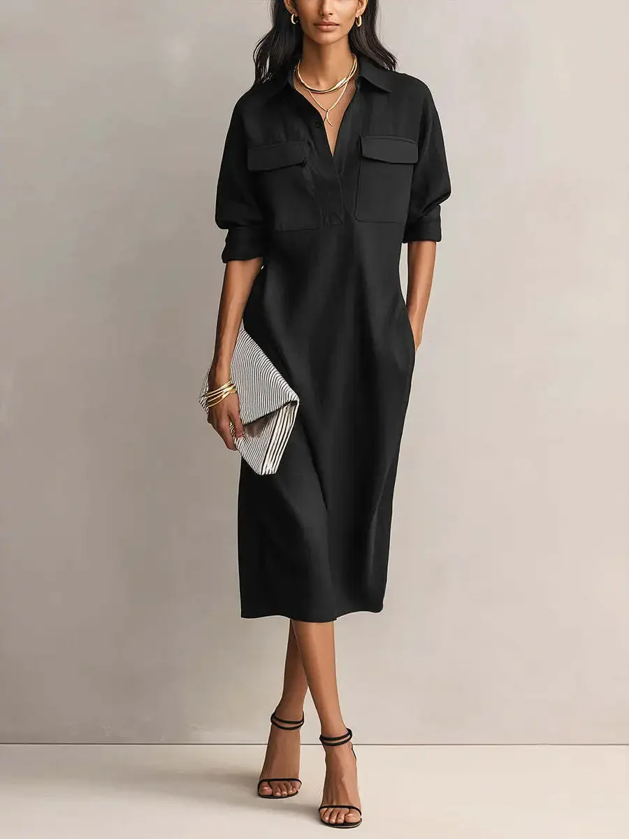 

Minimalist Solid Color Shirt Dress For Women Elegant Half Sleeves Button Turndown Collar Pockets Dress Casual Daily Midi Dresses