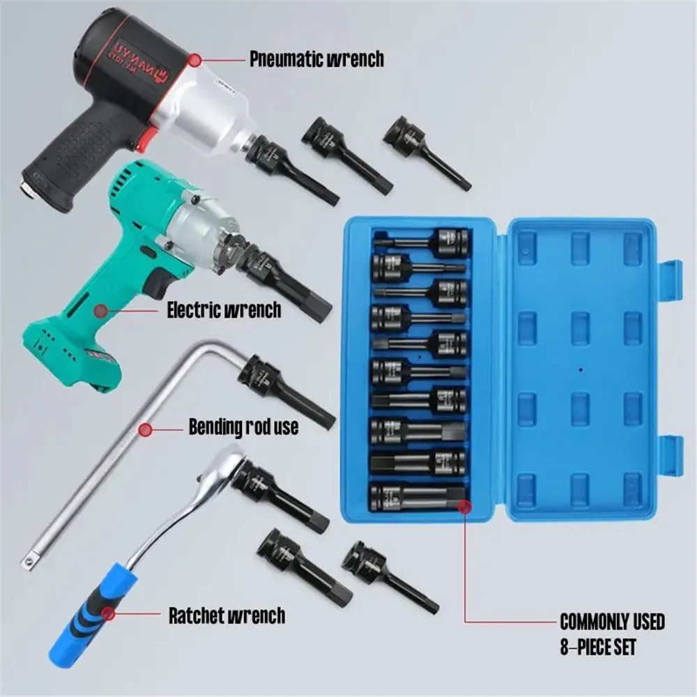 F50 Hexagonal Drive Bits Kit 1/2” Cr-V Steel Pneumatic Wrench Hex Socket Driver ToolKit Tools Set Metric Power Nuts Driver