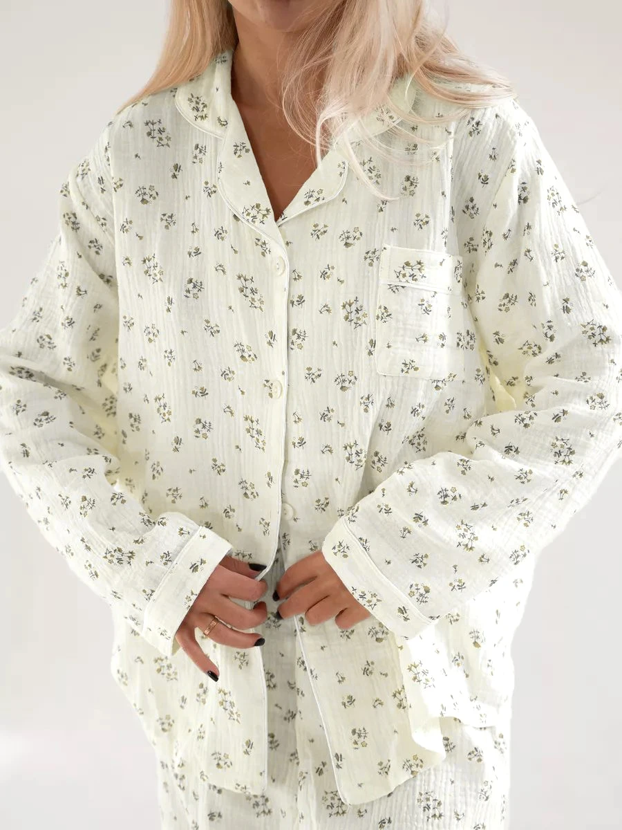 HiLoc Pajamas For Women Print 100% Cotton Sleepwear Long Sleeve Blouse Women With Wide Leg Pants 2026 Two Piece Spring 2026 New