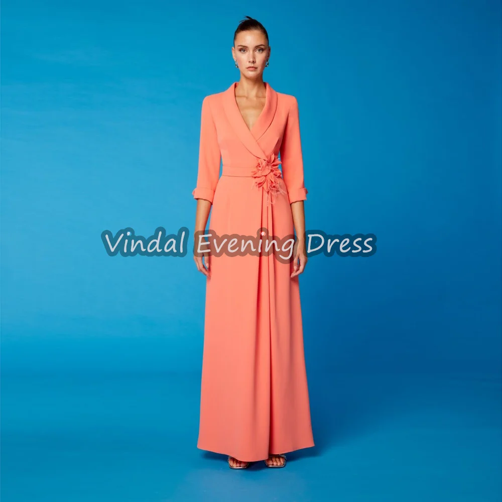 

Vindal Crepe A-line V-neck Simple Evening Dresses For Women 2025 With Flowers Draped Long Sleeves Eleagnt Cocktail Party Dress