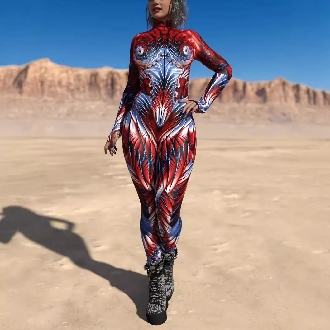 Women Full-Color Printed Catsuit Cyberpunk Full Body Bodysuit High Neck Jumpsuit Halloween Holiday Party Costume Cosplay Zentai