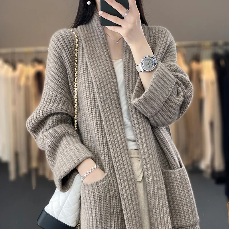 Knitted Cardigan Coat 2024 Autumn Winter New Lazy Style Mid-length V-neck Sweater Women's Loose Outer Long Sleeve