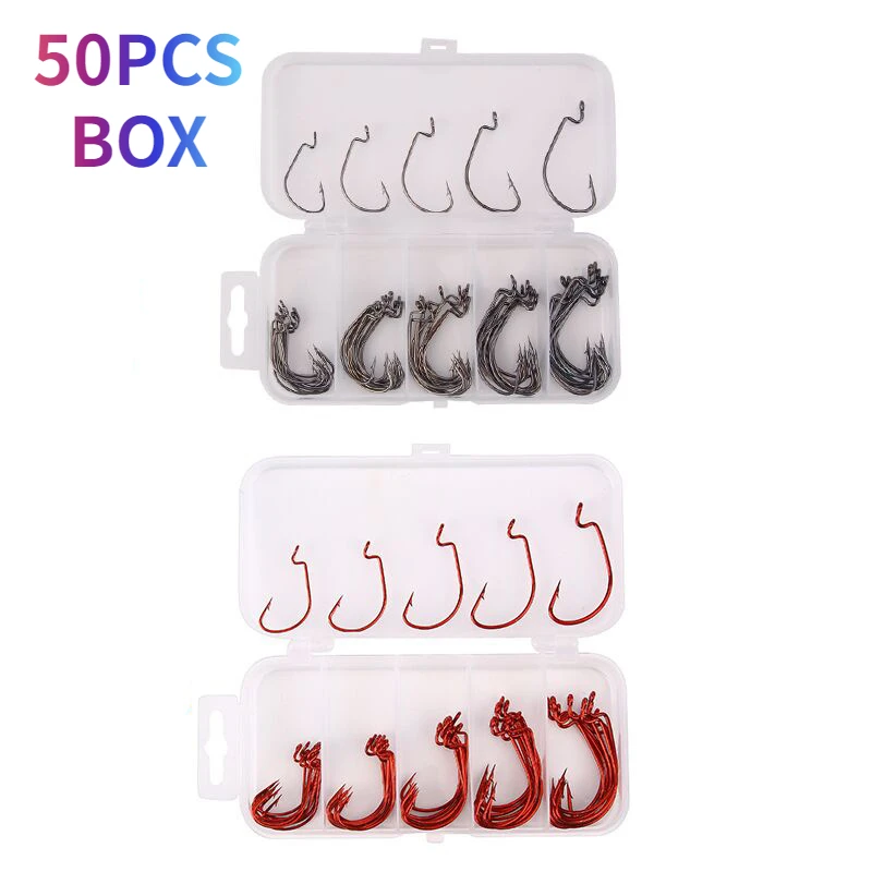 

50pc/ Box Fishing Hook Set Carbon Steel Wide Crank Hook Offset Fishhook for Soft Worm Lure Barbed Hook carp Fishing Hooks Tackle