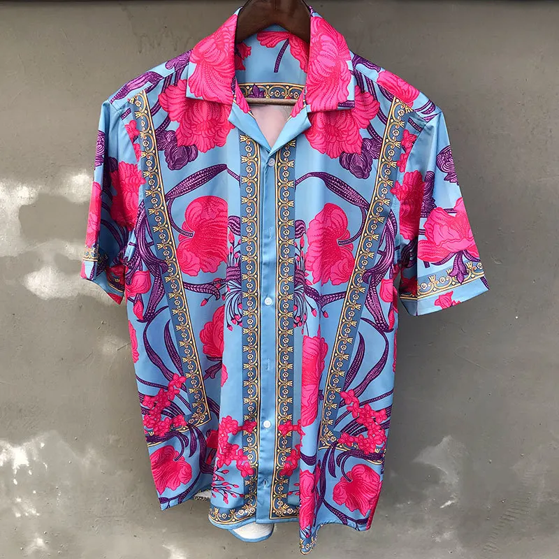 

Retro Court Color Contrast Printing Shirt Men Short Sleeve Summer Hawaiian Casual Shirt Streetwear Men High Street Chemise Homme