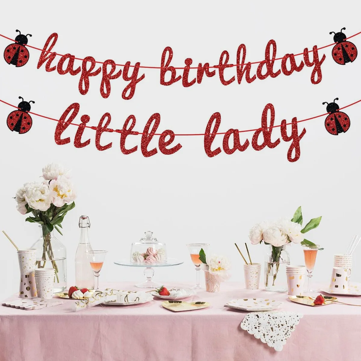 2Pcs Ladybug Happy Birthday Banner Glitter Little Lady Birthday Bunting for Baby Shower Girls Party Decoration