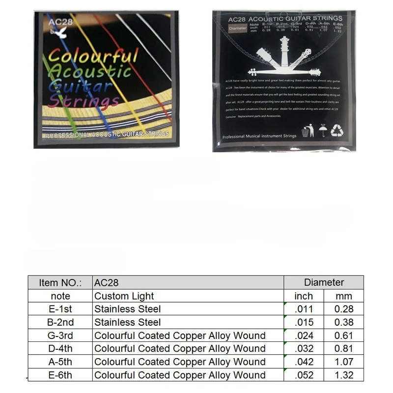 Acoustic guitar colored strings, folk guitar steel strings, 6 pieces, colored copper alloy set