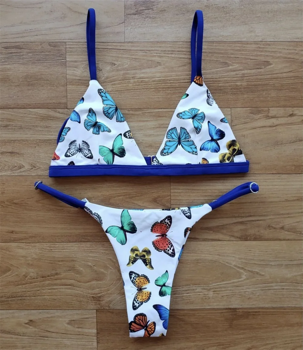 Maillot de bain triangle deux pièces pour femme, bikini papillon plus riche comme maillot de bain dos nu, string bleu, maillots de bain Y2K, tenue de plage trempée, vêtements de vacances