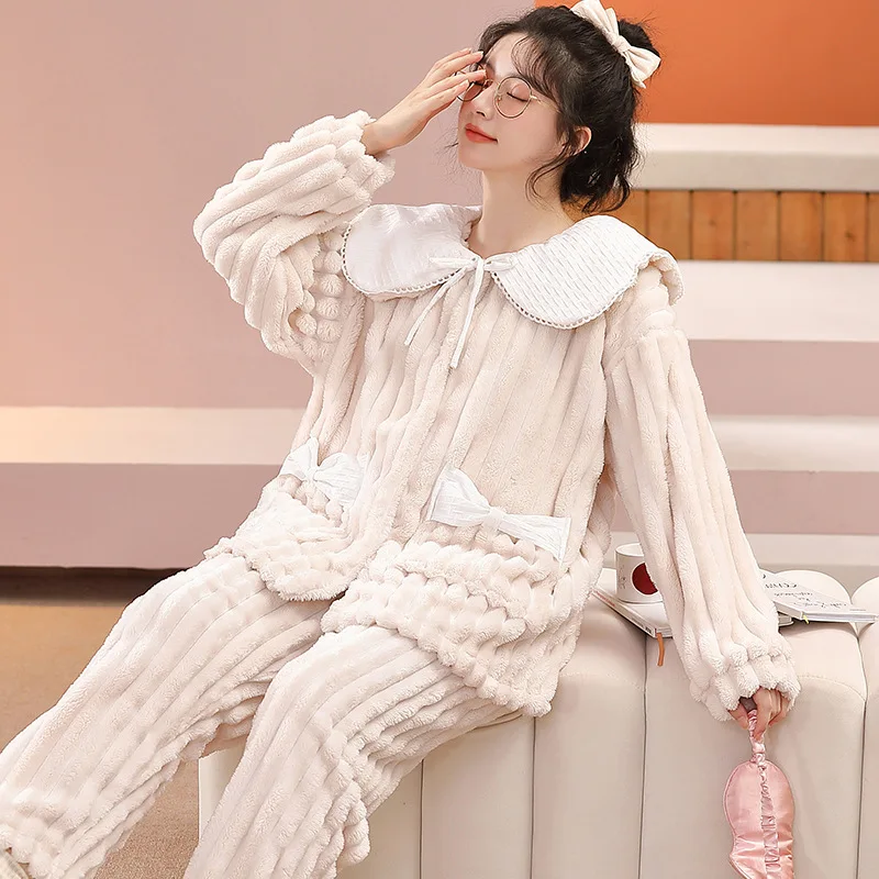 

Sweet Pajama Girl's Nightgown Sleepwear 2 Piece Set Women's Sleepcoat Flannel Coral Fleece Thickened Homewear Warm Autumn Winter