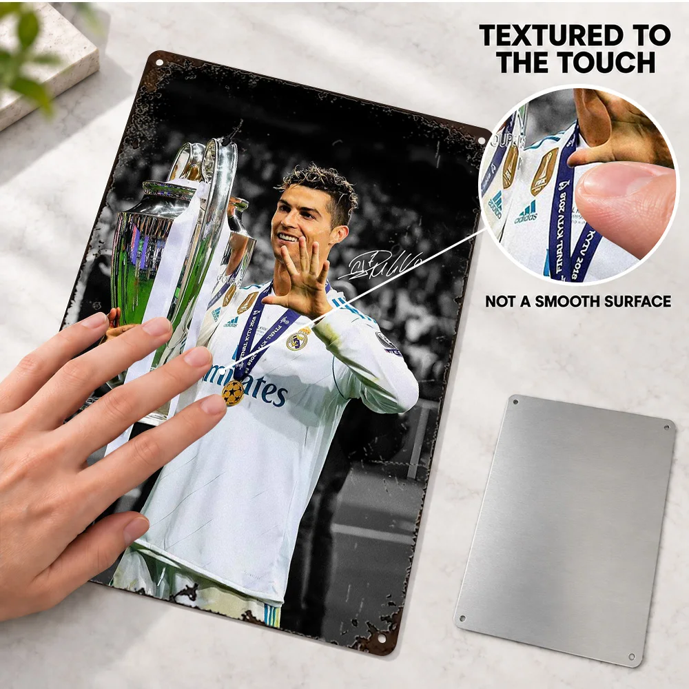Cristiano Ronaldo Holding Champions League Trophy Aluminum Poster Customized Metal Sign Selective Color Wall Art For Living Room