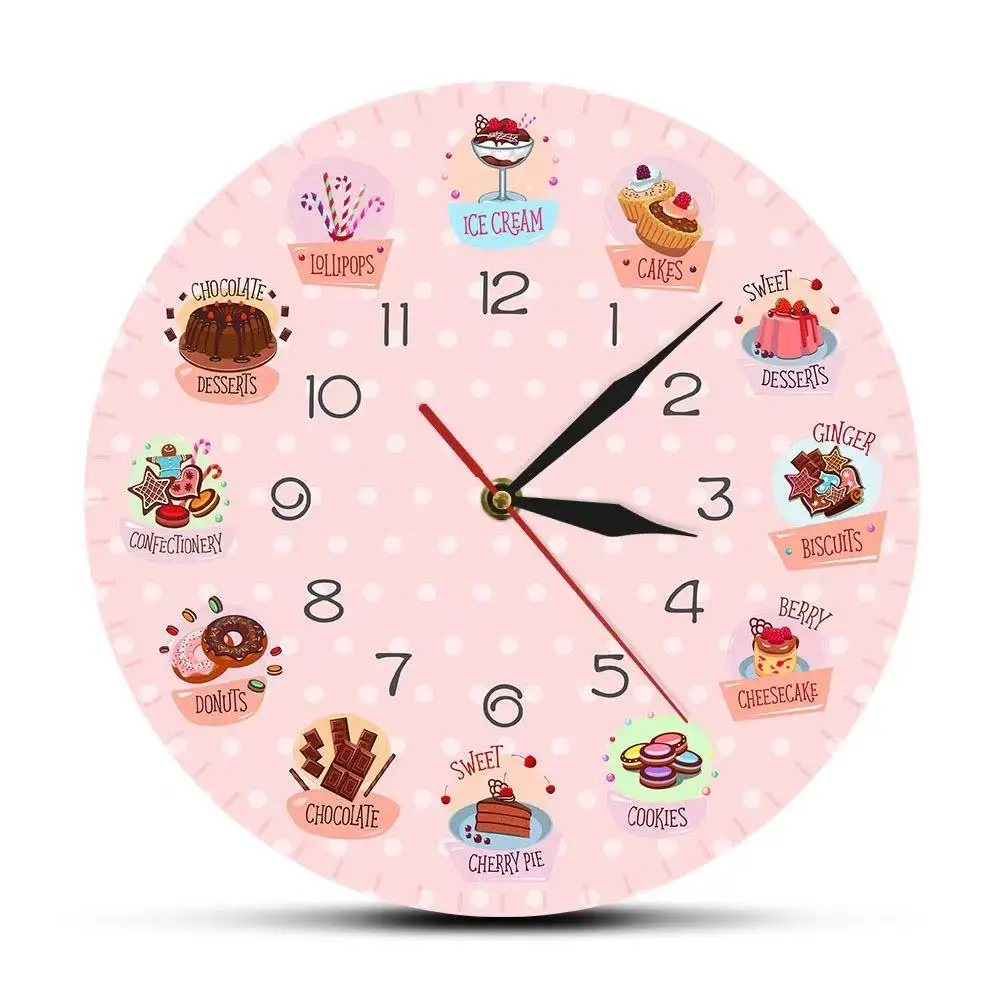 Cute Pink Dessert Wall Clock Sweet Cake Donut Ice Cream Silent Quartz Clock Kitchen Bakery Cafe Decor Girls Bedroom Kid Gift