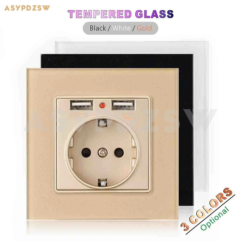 

2 PCS GOLD Tempered glass Type 86 panel socket EU wall socket With dual USB plug