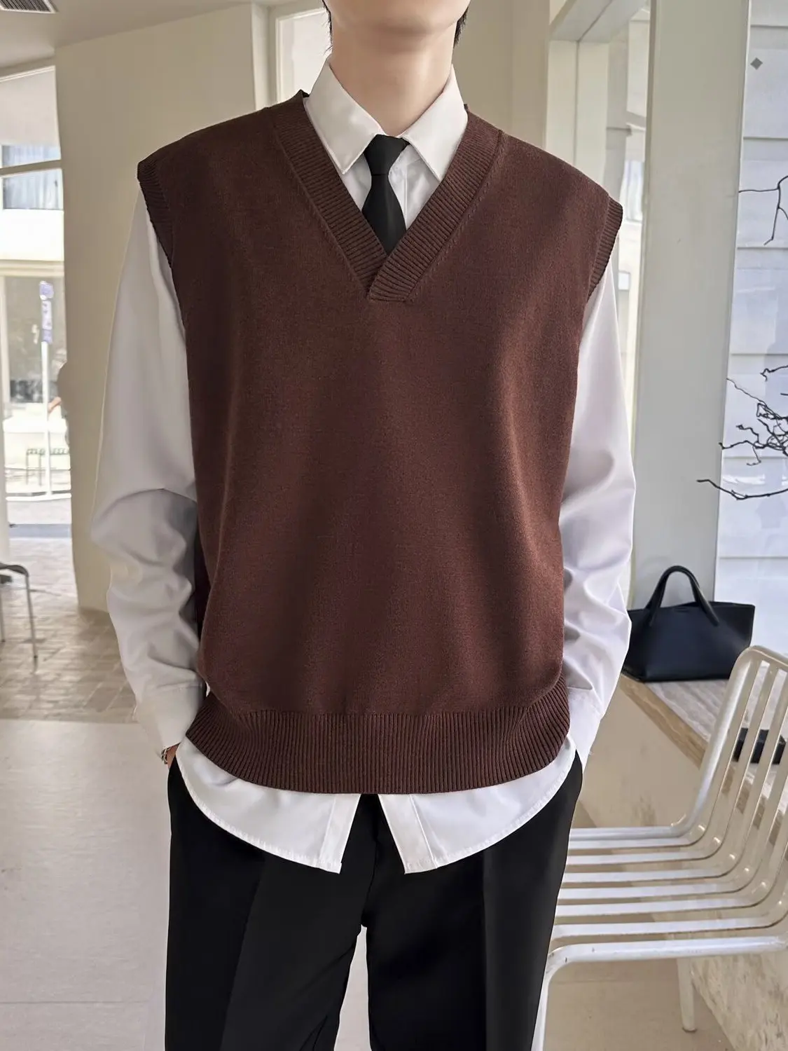 

Loose Fit Men's Svel Knitted Sweater Korean Sle Outerwear V-Ne Pure Color Spring Autumn Hong Kong Sle Vest