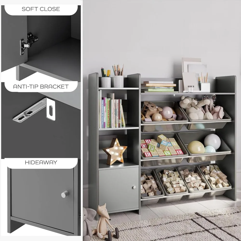 منظم تخزين ألعاب الأطفال مع رف وصناديق رمادية - حل مثالي