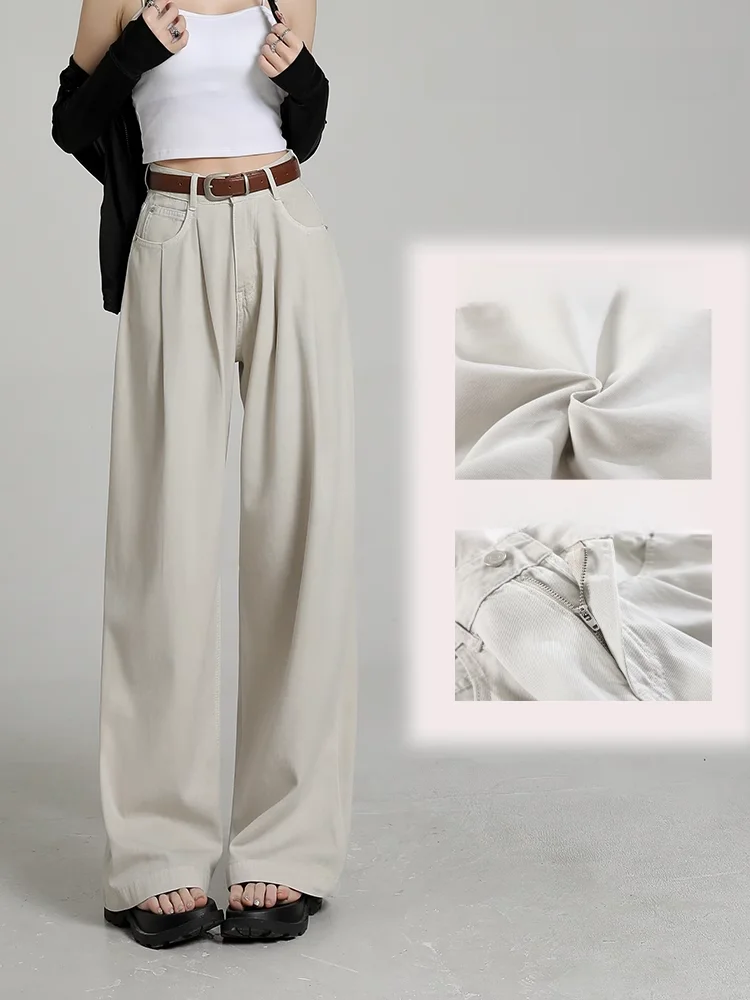 

High Waist Wide Leg Denim Jeans Women's Summer Slimming Drapey Short Straight Floor-Length Pants Cotton Polyester Span...