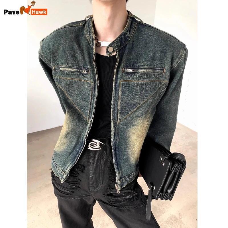 Short High Street Mens Denim Jacket American Hip-hop Shoulder Pads Cowboy Coats Buckling Collar Loose Color Blocking Y2K Outwear