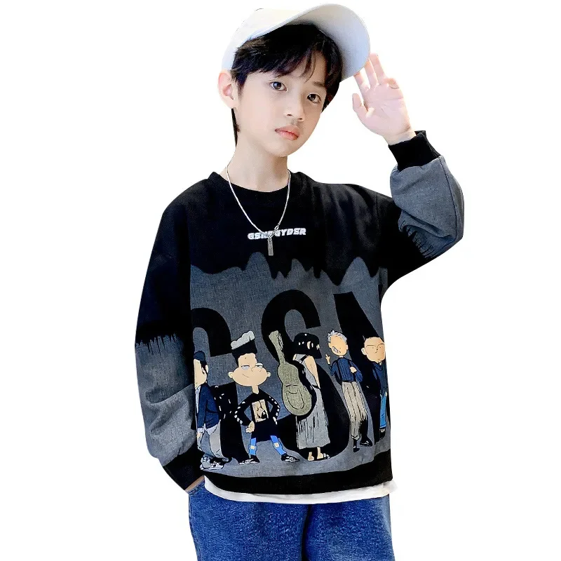 Boys Clothes Spring Autumn Round Neck Sweatshirt New Streetwear Top Teens Clothing Tie-dye Cartoon Print Pullover 8 10 12 14 Yrs