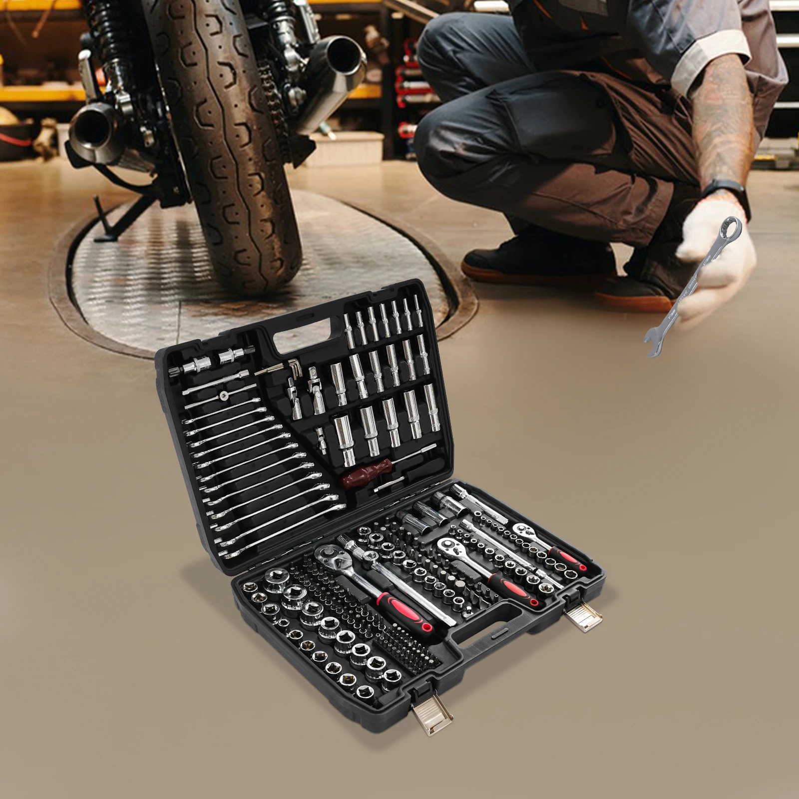 Zestaw kluczy nasadowych z grzechotką, stalowy, czarno-czerwony, 216 elementów, prostokątny, do narzędzi stolarskich, budowlanych