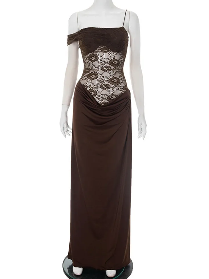 Vestido largo sexy de encaje transparente de un hombro para mujer, elegante, sin mangas, escote bardot, espalda descubierta, para fiesta 6