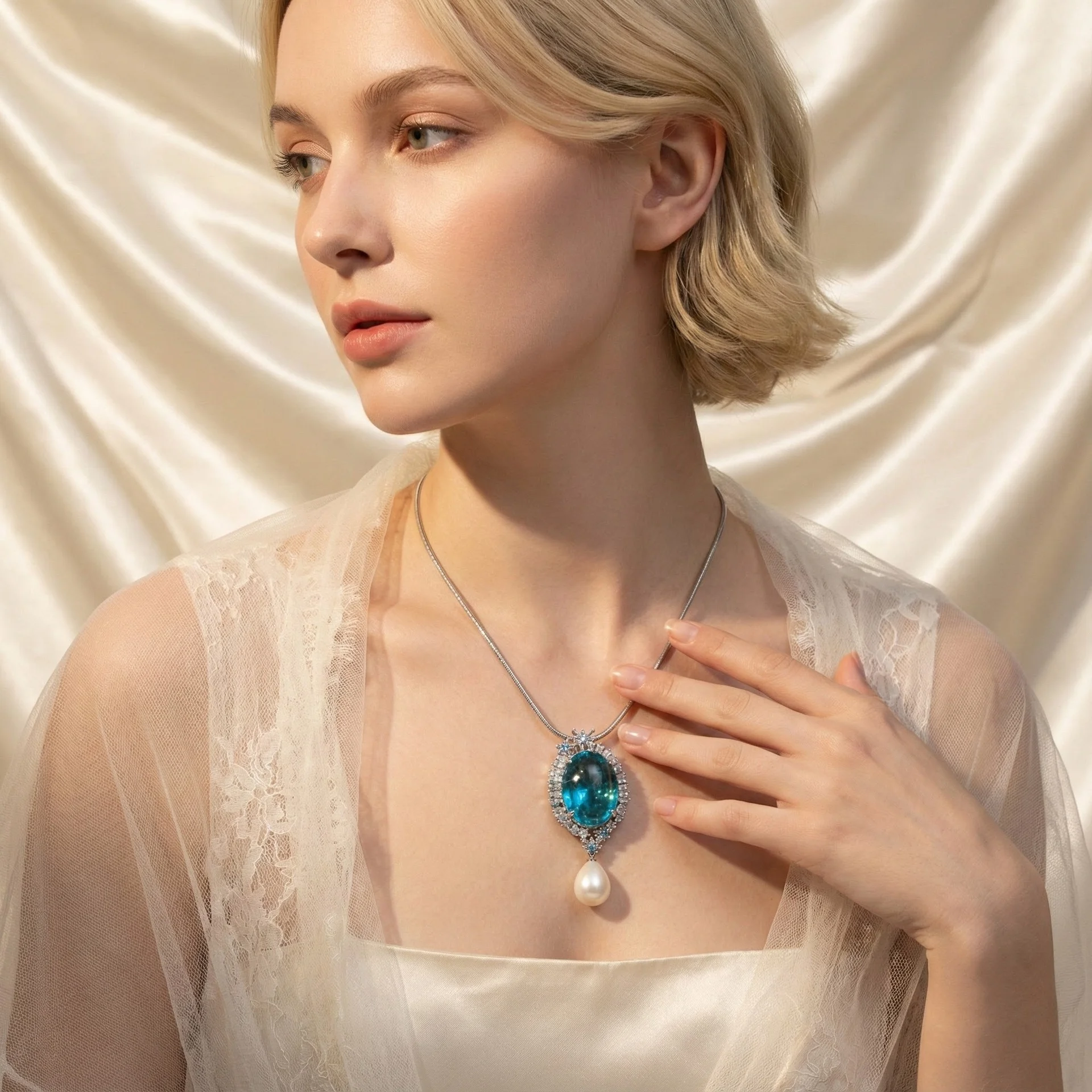 

High-end Cabochon Sea Blue Pigeon Egg Necklace, Zircon Inlaid Pendant, Elegant Necklace for Women