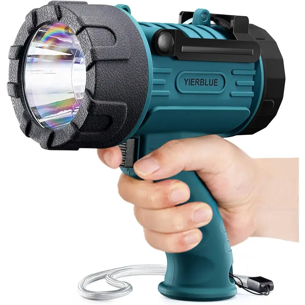 

Rechargeable 1000000 Lumen LED Spotlight with IP67 Waterproof, Impact Resistant, Red Lens, and Detachable Stand