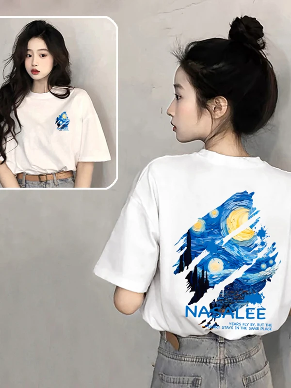 

Женская хлопковая футболка в стиле ретро с японским принтом «Звездное небо», свободного кроя, повседневный дизайн, летняя одежда