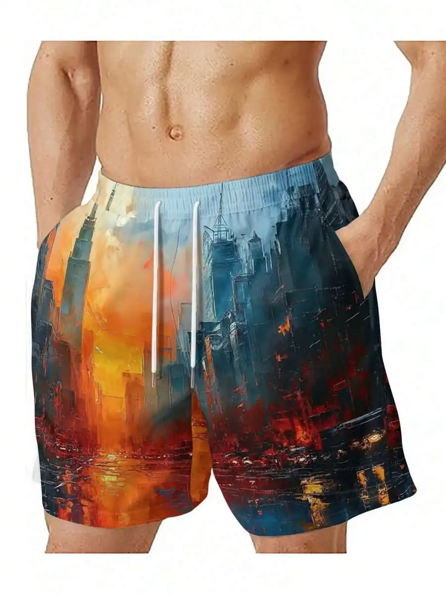 

Mens Artistic City Print Loose Casual Shorts With Drawstring Waist