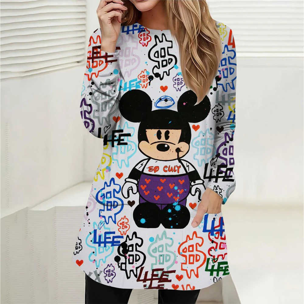 Oversized round neck loose casual pocket T-shirt for women, long sleeved Disney Mickey Mouse printed pullover for women, fashion