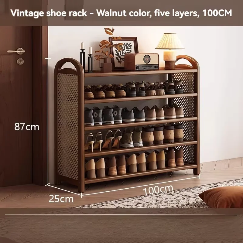 Light luxury and high-end multi-layer shoe rack, retro style rattan shoe rack, walnut color large capacity widened shoe rack